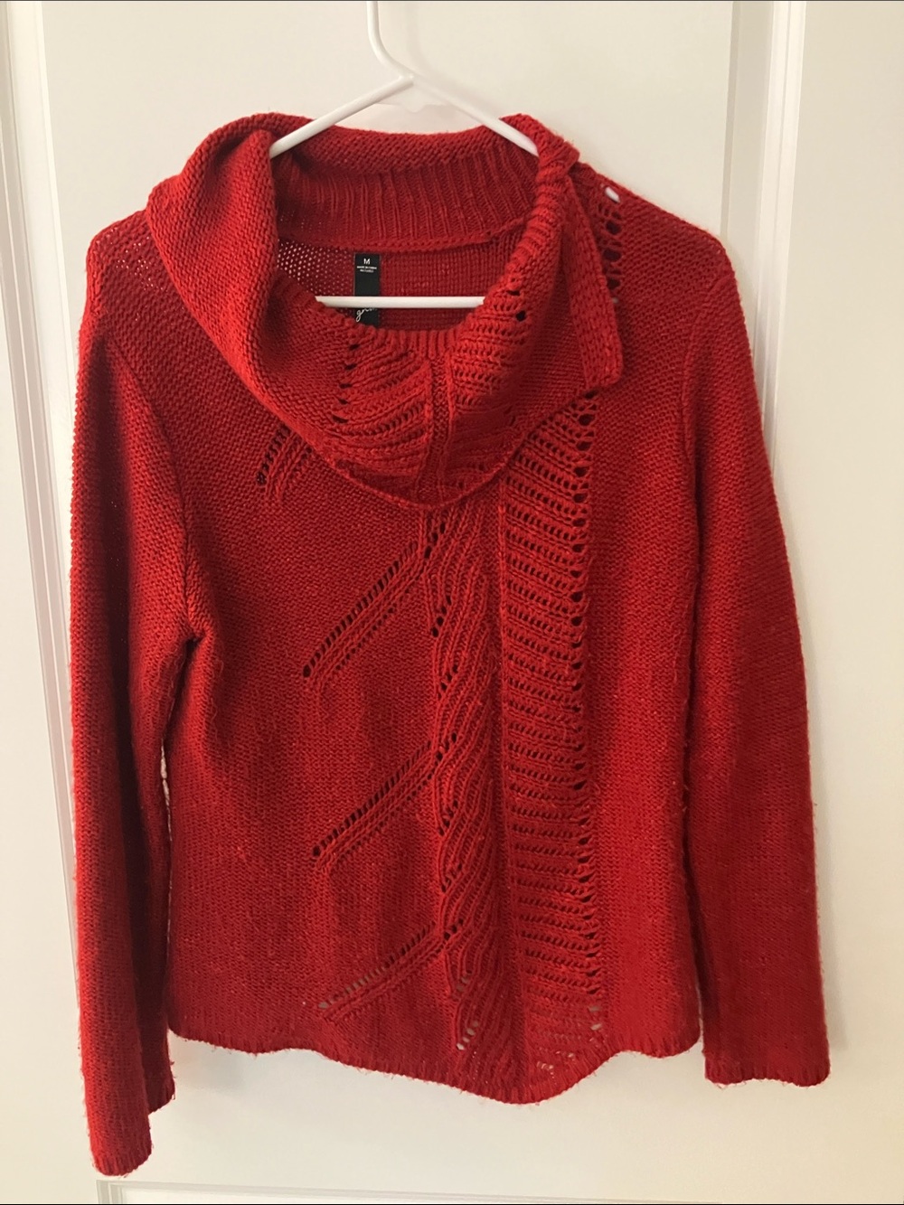 Women's Deep Red Cowl Neck Knit Sweater with Open Stitch Detail